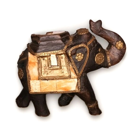 VTG Hand Carved Wood Elephant Figurine Brass & Shell Decorative Inlay Made India - Picture 1 of 5
